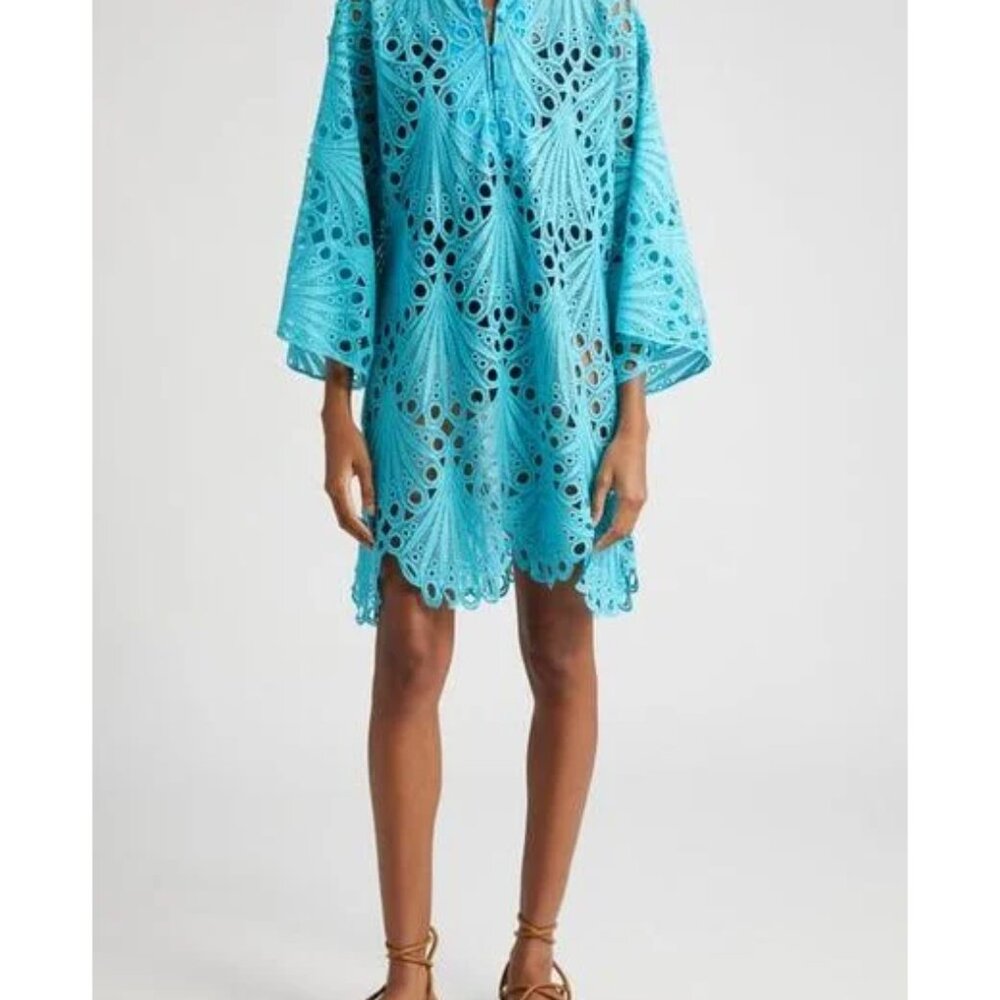 La Vie Style House Turquoise Shell Lace Mini Caftan Dress - Like New